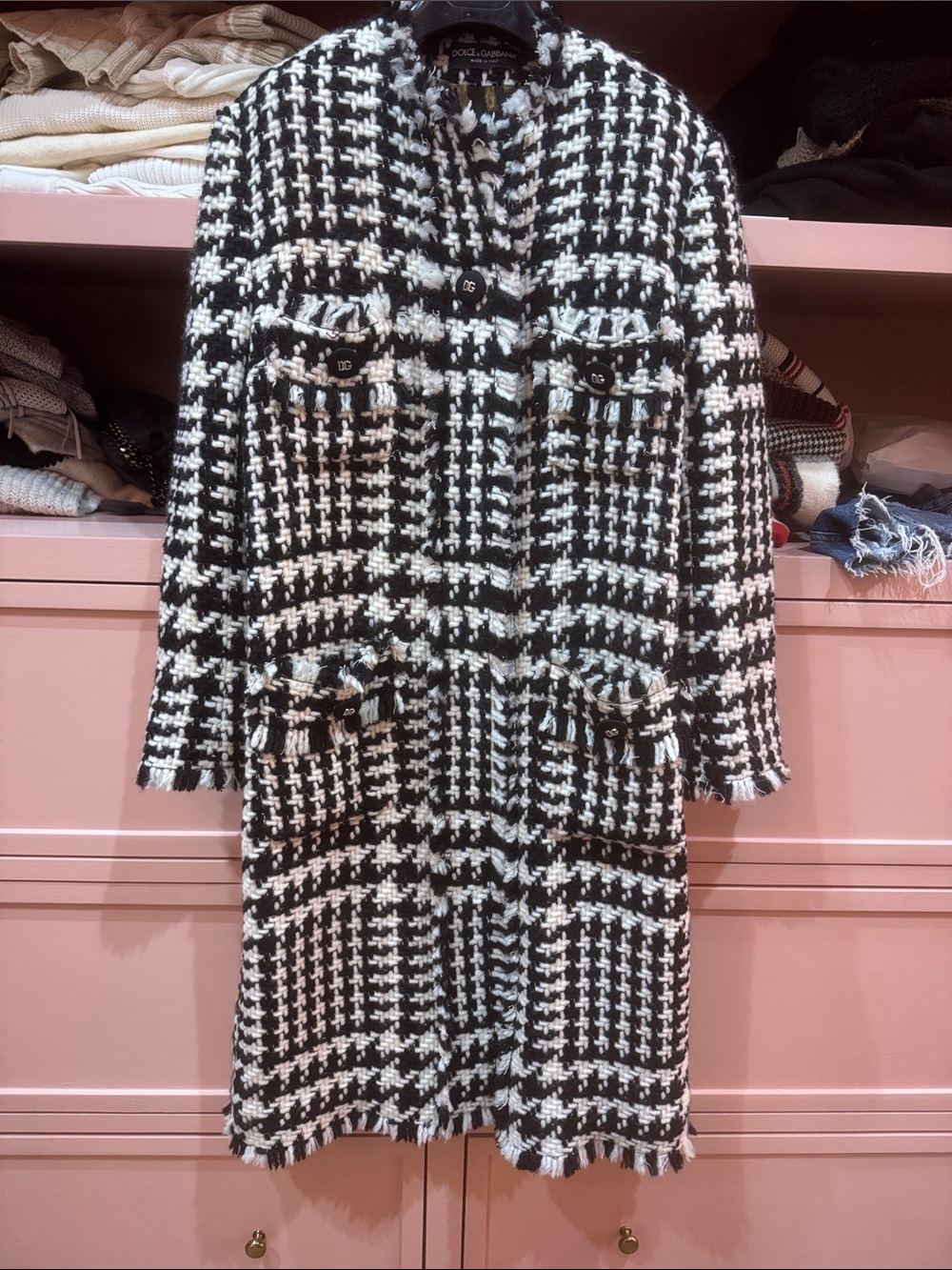 Dolce & Gabbana Black & White Houndstooth Tweed Coat with Decorative Buttons